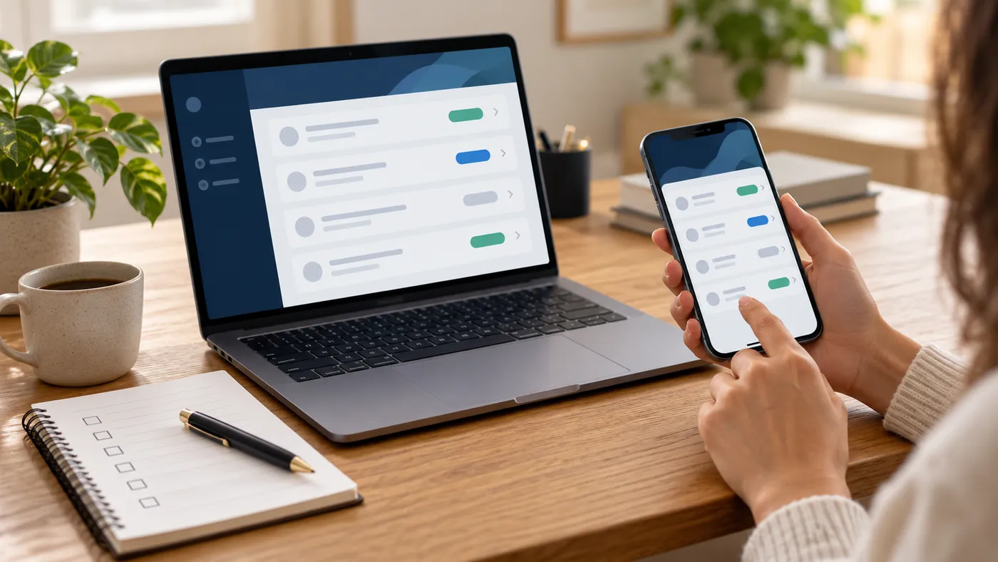 Illustrative customer portal workflow displayed on a laptop and smartphone
